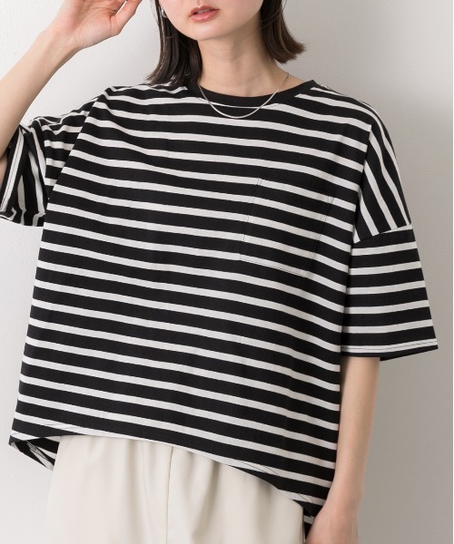 ad thie(アドティエ)の「ポケット付き ボーダーTシャツ(Tシャツ/カットソー・レディース・モスグリーン/モカ/ネイビー/オフホワイト/ピンク/ブラック/ライトブルー・FREE)」の14枚目の写真