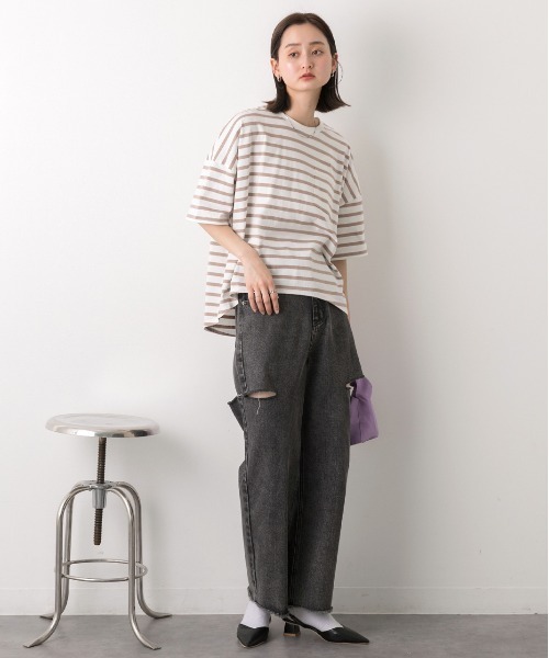 ad thie(アドティエ)の「ポケット付き ボーダーTシャツ(Tシャツ/カットソー・レディース・モスグリーン/モカ/ネイビー/オフホワイト/ピンク/ブラック/ライトブルー・FREE)」の18枚目の写真