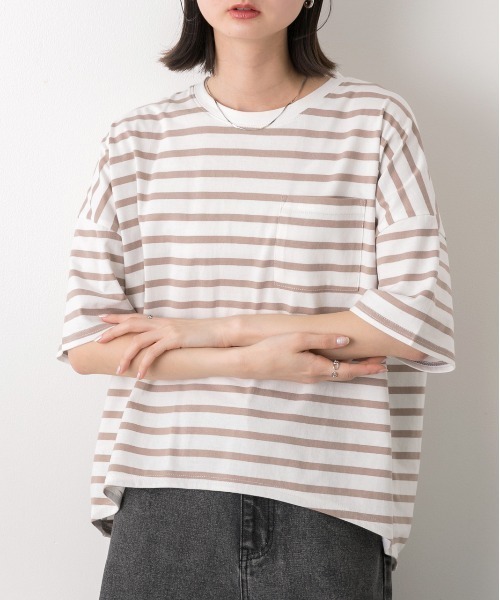ad thie(アドティエ)の「ポケット付き ボーダーTシャツ(Tシャツ/カットソー・レディース・モスグリーン/モカ/ネイビー/オフホワイト/ピンク/ブラック/ライトブルー・FREE)」の19枚目の写真