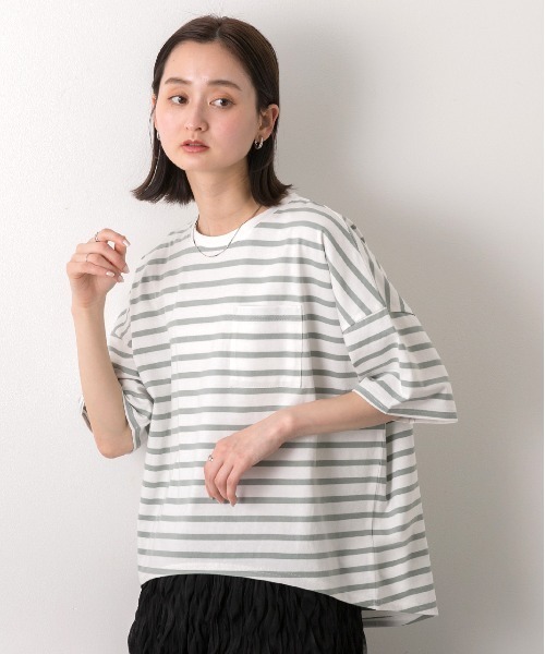 ad thie(アドティエ)の「ポケット付き ボーダーTシャツ(Tシャツ/カットソー・レディース・モスグリーン/モカ/ネイビー/オフホワイト/ピンク/ブラック/ライトブルー・FREE)」の22枚目の写真