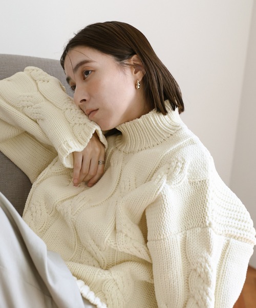 セール】アラン柄スポンディッシュハイネックニット（ニット/セーター