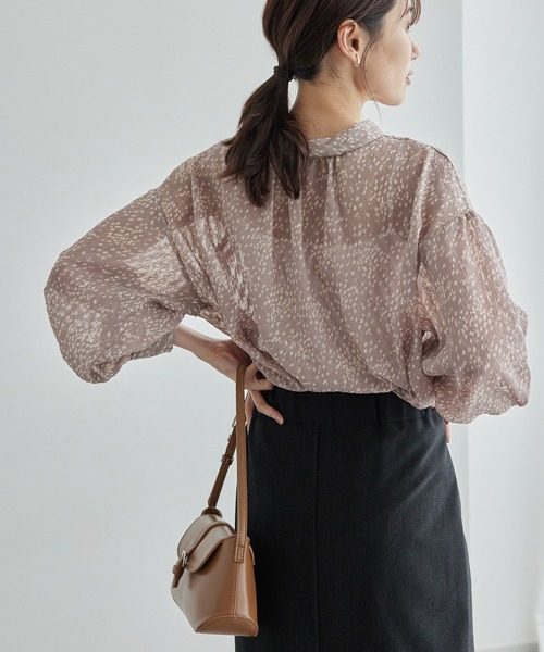 新品ハグオーワー　クロス＆クロス　二重織コットンヘリンボーンフリルリボンブラウス セール】羽織りも前後2WAYシアー柄リボンブラウス（シャツ/ブラウス