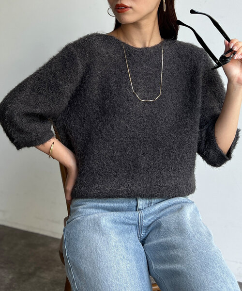 Chez toi(シェトワ)の「Wフェイスシャギー6分袖プルオーバー(ニット/セーター・レディース・ライトグレー/グリーン/チャコールグレー・FREE)」の2枚目の写真