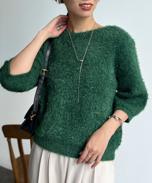 Chez toi(シェトワ)の「Wフェイスシャギー6分袖プルオーバー(ニット/セーター・レディース・ライトグレー/グリーン/チャコールグレー・FREE)」の1枚目の写真