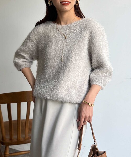 Chez toi(シェトワ)の「Wフェイスシャギー6分袖プルオーバー(ニット/セーター・レディース・ライトグレー/グリーン/チャコールグレー・FREE)」の4枚目の写真