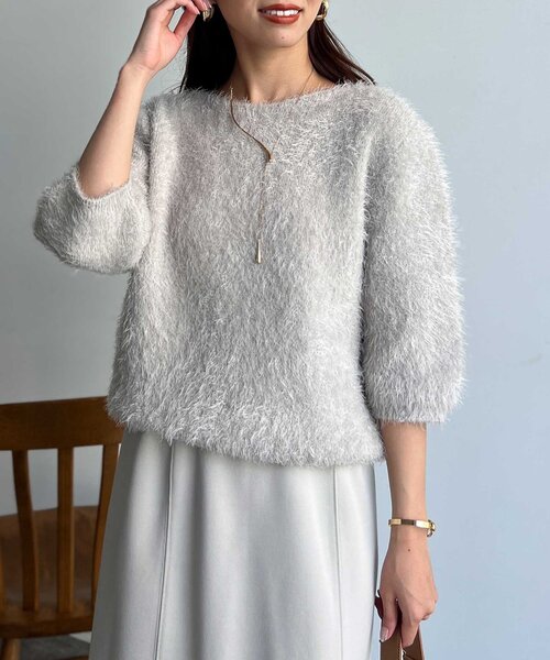 Chez toi(シェトワ)の「Wフェイスシャギー6分袖プルオーバー(ニット/セーター・レディース・ライトグレー/グリーン/チャコールグレー・FREE)」の6枚目の写真