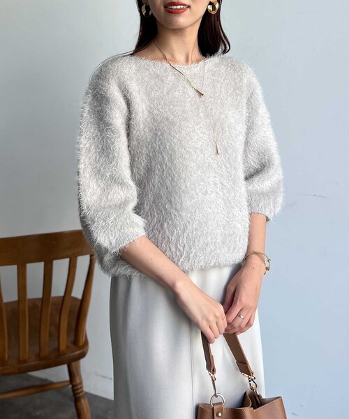 Chez toi(シェトワ)の「Wフェイスシャギー6分袖プルオーバー(ニット/セーター・レディース・ライトグレー/グリーン/チャコールグレー・FREE)」の8枚目の写真