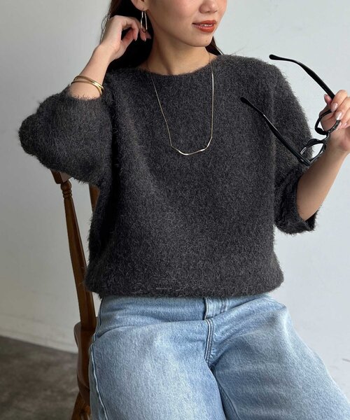 Chez toi(シェトワ)の「Wフェイスシャギー6分袖プルオーバー(ニット/セーター・レディース・ライトグレー/グリーン/チャコールグレー・FREE)」の14枚目の写真