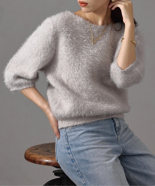 Chez toi(シェトワ)の「Wフェイスシャギー6分袖プルオーバー(ニット/セーター・レディース・ライトグレー/グリーン/チャコールグレー・FREE)」の3枚目の写真