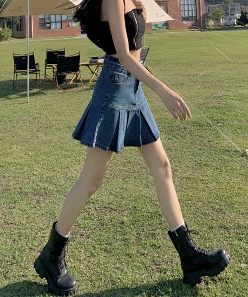 セール】/Blingleads/ベルト付き デニムプリーツミニスカート（デニム