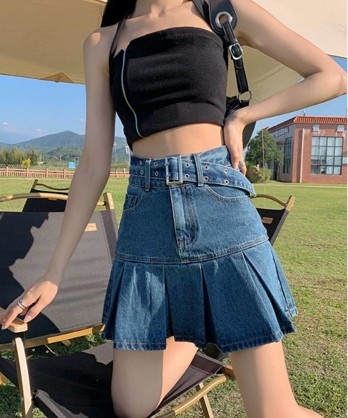 セール】/Blingleads/ベルト付き デニムプリーツミニスカート（デニム