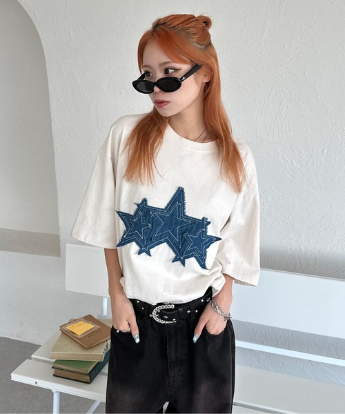 sedacle（セダクル）の「デニムスターアップリケT（Tシャツ/カットソー・メンズ・チャコールグレー/ブラウン/アイボリー・LARGE/SMALL/MEDIUM）」の5枚目の写真