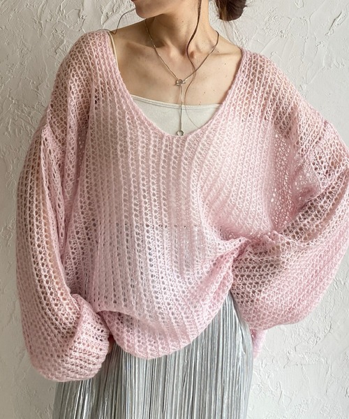 セール】Vネック長袖ざっくりモヘアタッチ透かし編みメッシュ