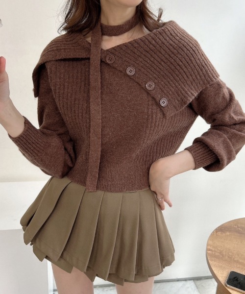 gossip!ロサンゼルス(ゴシップロサンゼルス)の「Y2K アシメワンショルニット+チョーカ 【SET】(ニット/セーター・レディース・オフホワイト/グレー/ブラウン・FREE)」の6枚目の写真