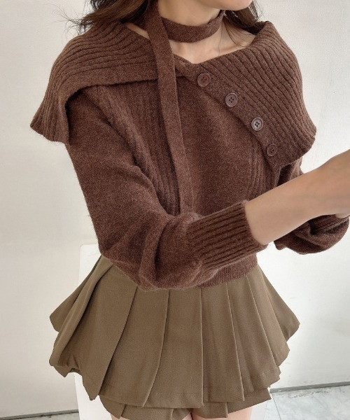 gossip!ロサンゼルス(ゴシップロサンゼルス)の「Y2K アシメワンショルニット+チョーカ 【SET】(ニット/セーター・レディース・オフホワイト/グレー/ブラウン・FREE)」の9枚目の写真