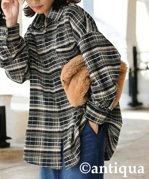 antiqua(アンティカ)の「チェック柄シャツ(シャツ/ブラウス・レディース・ブラック/グリーン・ONESIZE)」の1枚目の写真