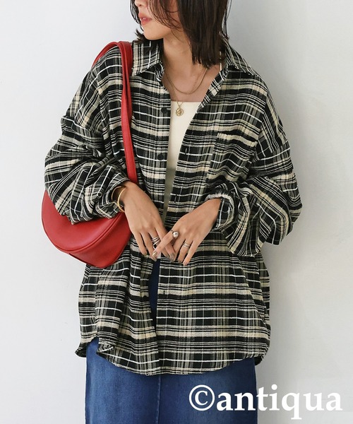 antiqua(アンティカ)の「チェック柄シャツ(シャツ/ブラウス・レディース・ブラック/グリーン・ONESIZE)」の5枚目の写真