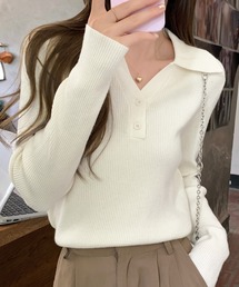 ポロカラー リブニット プルオーバーセーター 襟付きニット