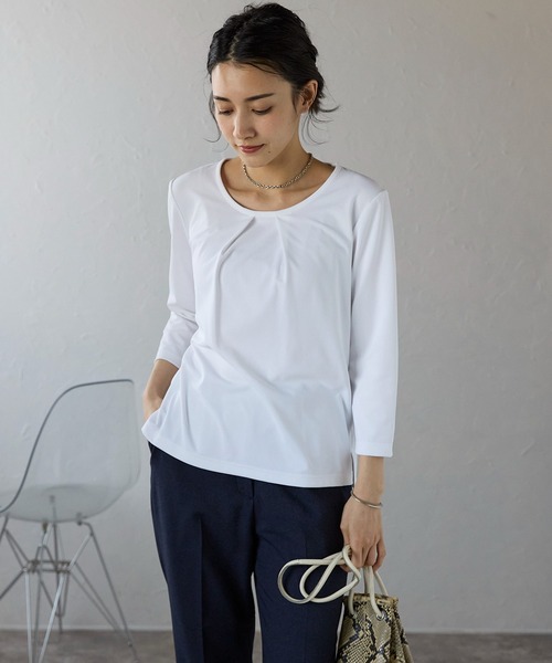 etre pret（エトレプレ）の「多サイズ展開 タック切替七分袖カットソー（Tシャツ/カットソー・レディース・ホワイト/ブラック・S/M/L/3L/LL）」の3枚目の写真