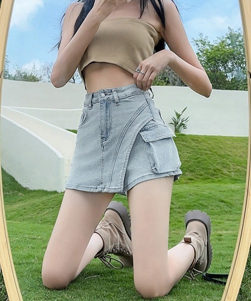 Miniministore(ミニミニストア)の「ラップスカート風デニムショートパンツ春夏(デニムパンツ・レディース・サックスブルー/インディゴブルー・L/S/XL/M)」の16枚目の写真