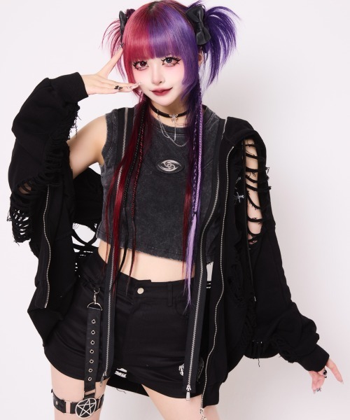 BACKSTAGE PASS（バックステージパス）の「DESTROY HOODIE-VEIN(デストロイフーディー ヴェイン) スケルトンダメージ ジップアップ クラッシュパーカー（パーカー・メンズ・ダークグレー/ブラック/ブラックミックス・FREE）」の13枚目の写真