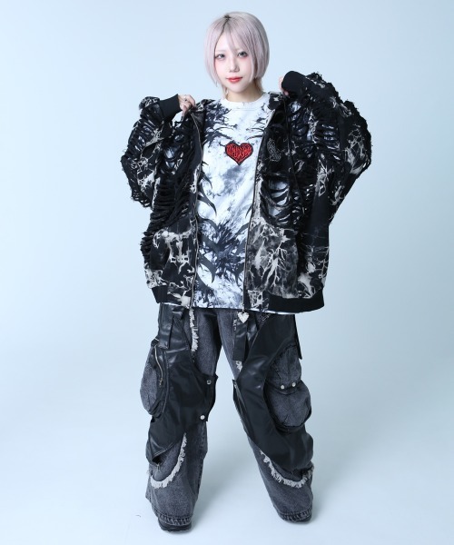 BACKSTAGE PASS（バックステージパス）の「DESTROY HOODIE-VEIN(デストロイフーディー ヴェイン) スケルトンダメージ ジップアップ クラッシュパーカー（パーカー・メンズ・ダークグレー/ブラック/ブラックミックス・FREE）」の17枚目の写真