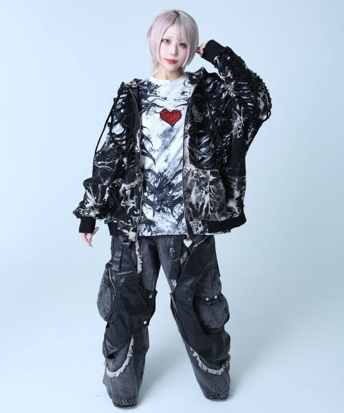 BACKSTAGE PASS（バックステージパス）の「DESTROY HOODIE-VEIN(デストロイフーディー ヴェイン) スケルトンダメージ ジップアップ クラッシュパーカー（パーカー・メンズ・ダークグレー/ブラック/ブラックミックス・FREE）」の16枚目の写真