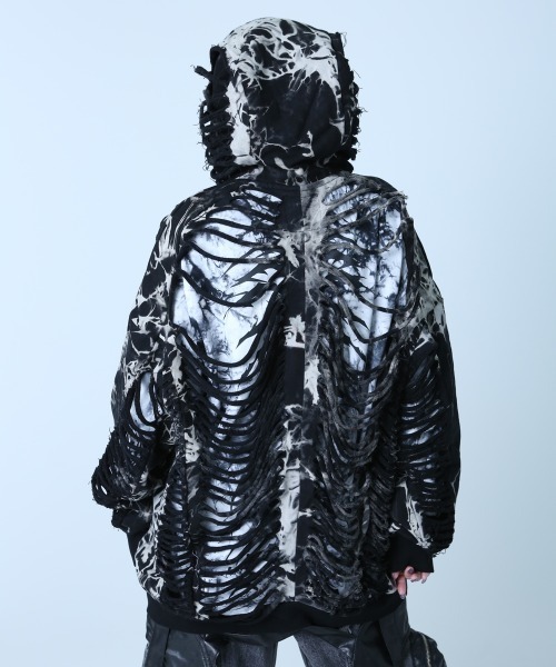 BACKSTAGE PASS（バックステージパス）の「DESTROY HOODIE-VEIN(デストロイフーディー ヴェイン) スケルトンダメージ ジップアップ クラッシュパーカー（パーカー・メンズ・ダークグレー/ブラック/ブラックミックス・FREE）」の15枚目の写真