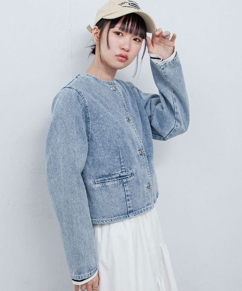 Chillfar（チルファー）の「ノーカラーコンパクトデニムジャケット（デニムジャケット・レディース・ブラック/ブルー/ネイビー・FREE）」の7枚目の写真