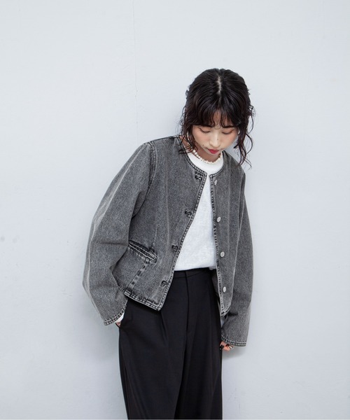 新品未使用★Loungedress コンパクトデニムジャケット セール】ノーカラーコンパクトデニムジャケット（デニム