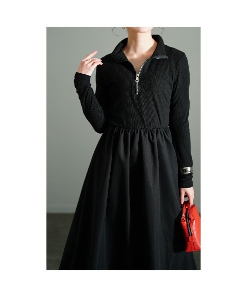 Sawa a la mode(サワアラモード)の「異素材ニットハーフジップワンピース(ワンピース・レディース・ブラック/ホワイト・FREE)」の6枚目の写真