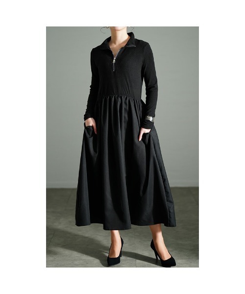 Sawa a la mode(サワアラモード)の「異素材ニットハーフジップワンピース(ワンピース・レディース・ブラック/ホワイト・FREE)」の9枚目の写真