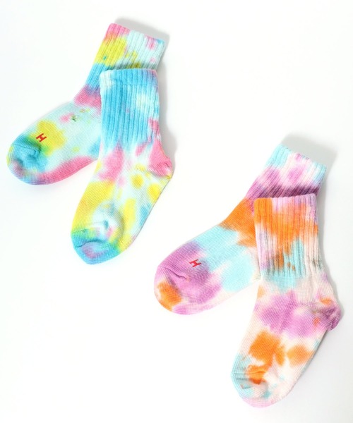 Healthknit(ヘルスニット)の「「kidsサイズ」Healthknit(ヘルスニット)タイダイ柄ソックス2P/子供靴下(ソックス/靴下・キッズ・レインボー・16-18cm/19-21cm)」の1枚目の写真