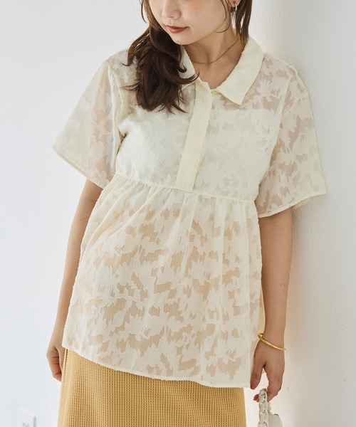 LAVEANGE（ラビアンジェ）の「【洗える】ジャガードペプラムブラウス（シャツ/ブラウス・レディース・グリーン/オフホワイト/ブラック・M/LL/3L/4L/5L）」の4枚目の写真