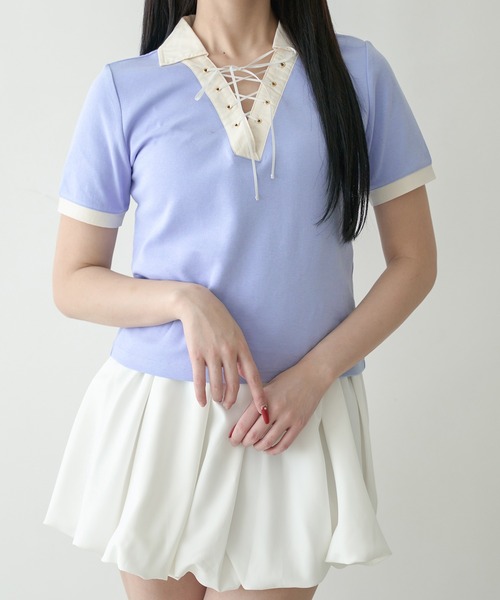売りオーダー LACE POLO SHIRT ブルー トップス ameri lace polo shirt