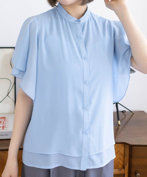 CLEAR BASIC（クリアベーシック）の「袖フリル半袖楊柳ブラウス[オフィスカジュアル 着回し抜群 大人]（シャツ/ブラウス・レディース・イエロー/サックスブルー/アイボリー/ブラック・F）」の4枚目の写真