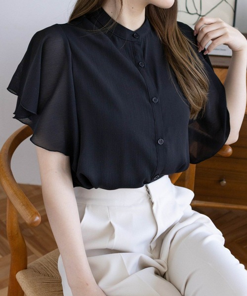 CLEAR BASIC（クリアベーシック）の「袖フリル半袖楊柳ブラウス[オフィスカジュアル 着回し抜群 大人]（シャツ/ブラウス・レディース・イエロー/サックスブルー/アイボリー/ブラック・F）」の3枚目の写真