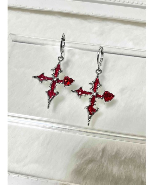 tone(トーン)の「【88eighty-eight】レッドハートストーン十字架リングピアス【import】(MA)(ピアス(両耳用)・レディース・レッド・FREE)」の3枚目の写真