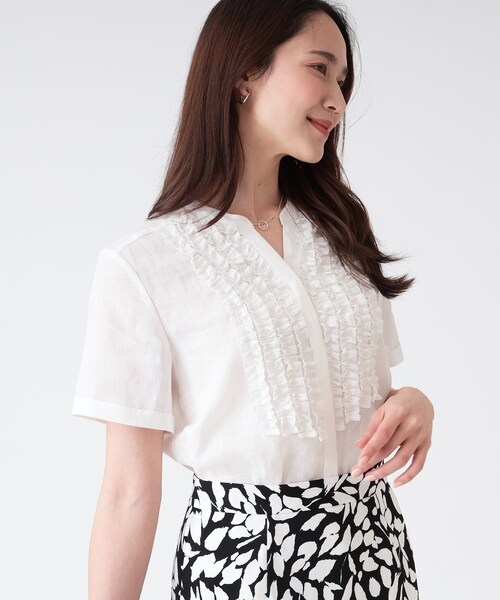 TESO 刺繍&フリルデザイン ラミーブラウス サンドベージュ MaxMara STUDIO セール】【洗える／ラミー】フリルデザインブラウス（シャツ