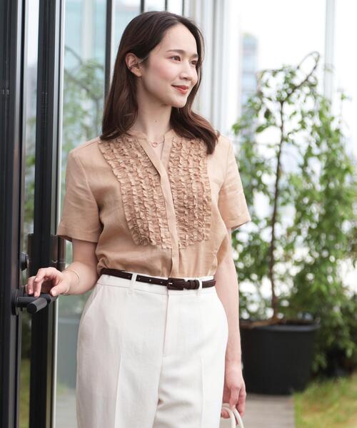 TESO 刺繍&フリルデザイン ラミーブラウス サンドベージュ MaxMara STUDIO セール】【洗える／ラミー】フリルデザインブラウス（シャツ