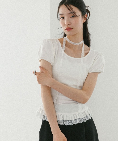 Heather（ヘザー）の「タイ付きレースカットTEE　578283（Tシャツ/カットソー・レディース・ブラック/グレー/オフホワイト・FREE）」の5枚目の写真