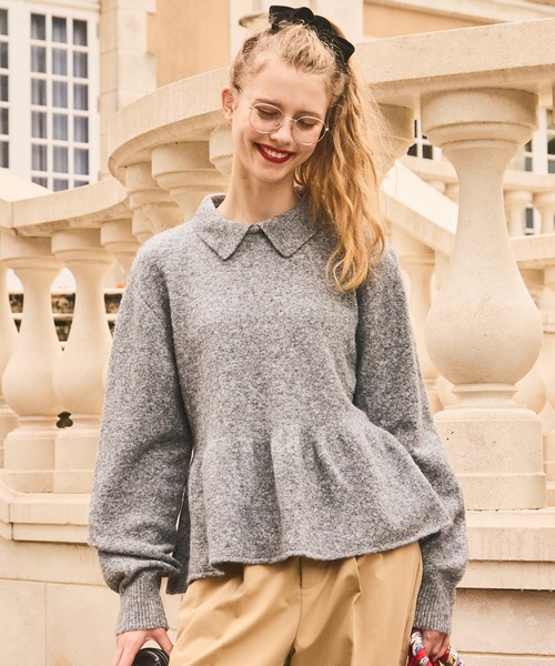 セール】【ふわふわメレンゲニット】ボリュームスリーブペプラムポロ