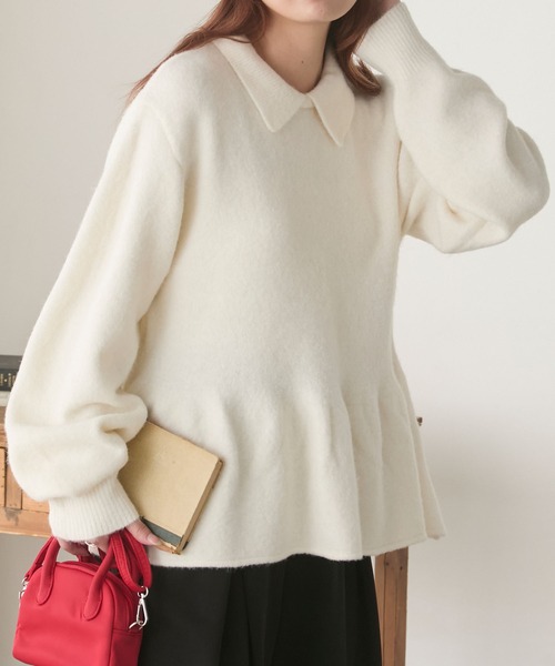 セール】【ふわふわメレンゲニット】ボリュームスリーブペプラムポロ