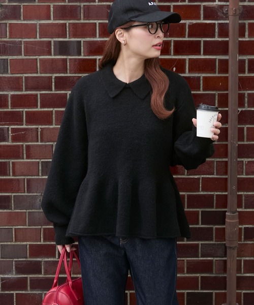ふわふわメレンゲニット】ボリュームスリーブペプラムポロニット