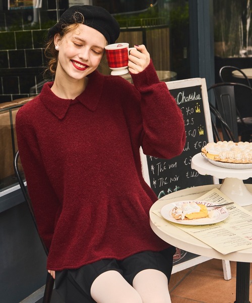 セール】【ふわふわメレンゲニット】ボリュームスリーブペプラムポロ