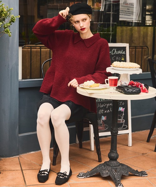 セール】【ふわふわメレンゲニット】ボリュームスリーブペプラムポロ