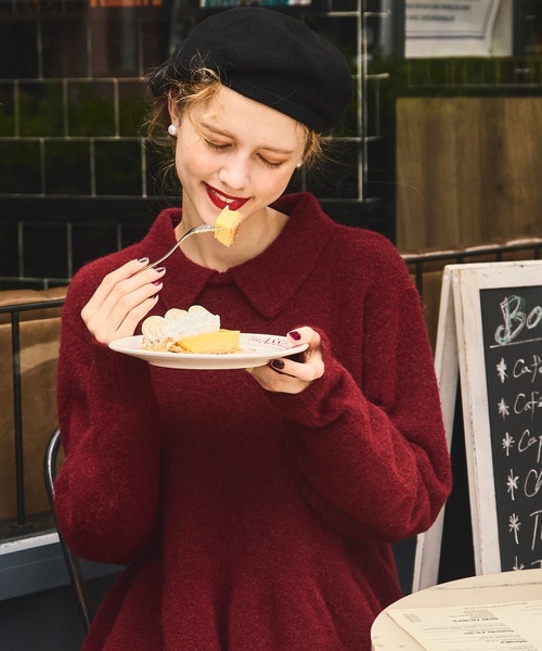 セール】【ふわふわメレンゲニット】ボリュームスリーブペプラムポロ