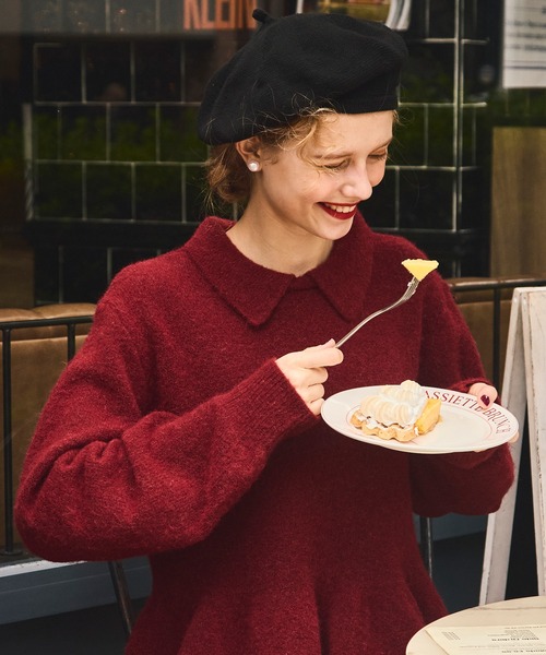 POLO ワインレッド 襟付きニット M ZOZOTOWN完売色商品 セール】【ふわふわメレンゲニット】ボリュームスリーブペプラムポロ