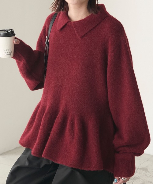 ふわふわメレンゲニット】ボリュームスリーブペプラムポロニット