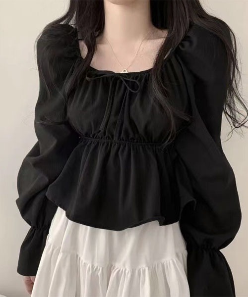 i-dare（アイディア）の「【i-dare】スクエアネック ギャザー 長袖 ブラウス（シャツ/ブラウス・レディース・ホワイト/ブラック・SMALL/MEDIUM/LARGE/X-LARGE）」の5枚目の写真